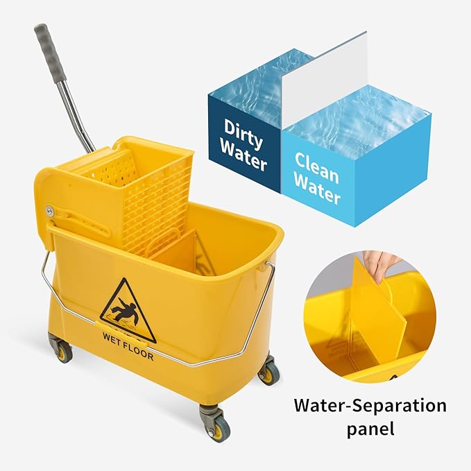 22 Qt (5.5 Gallon) Mop Bucket with Wringer for Floor Cleaning Handle Wheels 16.5 L x 10.6 W x 26.4 H YellowAdd One Loop-end String Mop