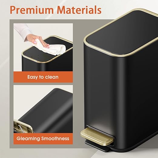 Small Bathroom Trash Can with Lid Soft Close 5L / 1.3 Gallon Slim Garbage Can with Removable Inner Bucket Step Stainless Steel Trash Bin for Office Bathrooms Bedroom Living Room (Black)