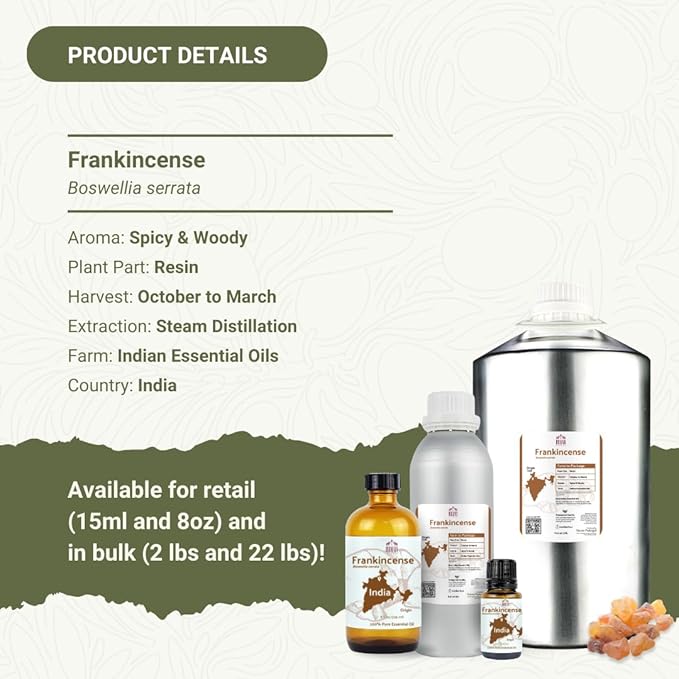 Frankincense Essential Oil - Direct from Madhya Pradesh India - Pure Essential Oil for Diffusers and Aromatherapy | 100% Pure Therapeutic Grade Natural Aceite de Incienso (22lbs)