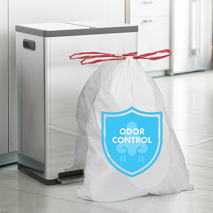 Simpli-Magic 8 Gallon Drawstring Trash Bags Code A 120 Pack – Tall Kitchen Garbage Bags Custom Made with Premium Materials (White)