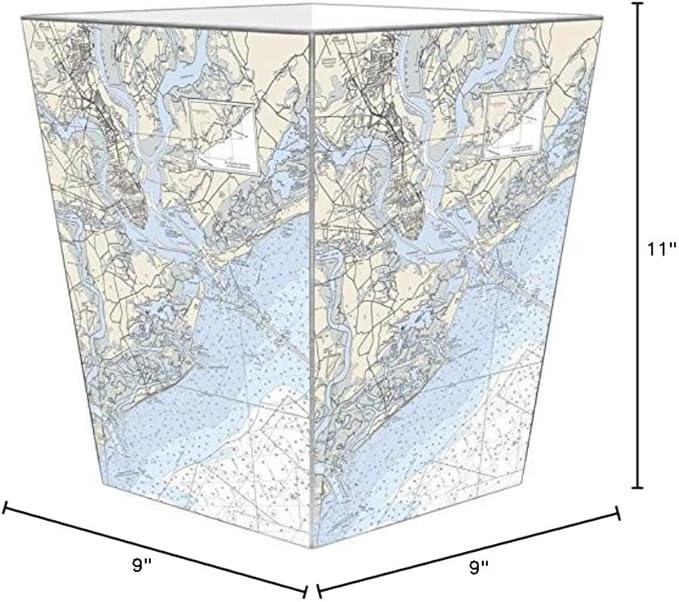 Marye-Kelley- Charleston Nautical Chart Wastepaper Basket Decoupage Wood Decorative Wastebasket for Kitchen Bathroom Bedroom Living Room Handmade Made in The USA