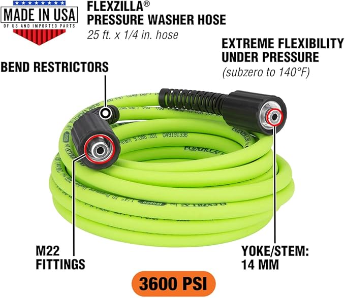 Flexzilla HFZPW36425M-E 3600 PSI 25' Pressure Washer Hose 1/4 in. x 25 ft ZillaGreen