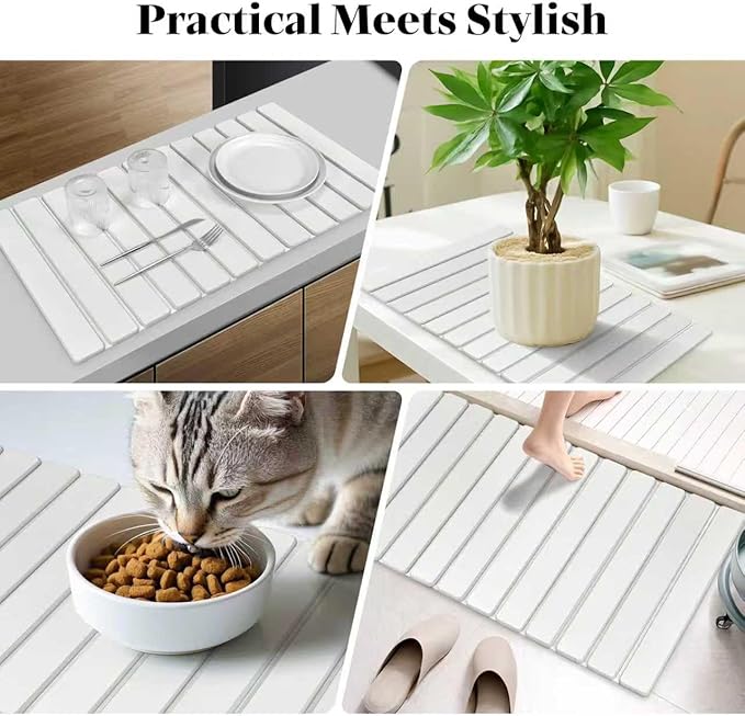 Large Stone Dish Drying Mats for Kitchen Counter 28(L)×16(W) White Fast Drying Collapsible Dish Drying Mat Eco-Friendly Absorbent Diatomaceous Earth Mats for Dishes Bottles Match Countertop