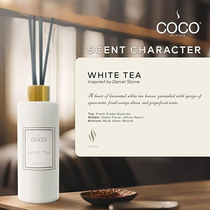 COCO by Stone 5oz Reed Diffuser (White Tea) – Luxury Scented Oil Diffuser for Home Aromatherapy Long-Lasting Vegan Fragrance Elegant Home Décor and Air Freshener