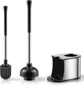 HAMITOR Toilet Plunger and Brush Set: Bathroom Powerful Cleaning Round Bristle Brush - Stainless Steel Heavy Duty Unclogging and Bowl Cleaner Combo - Compact Home Apartment Restroom Decor Accessories
