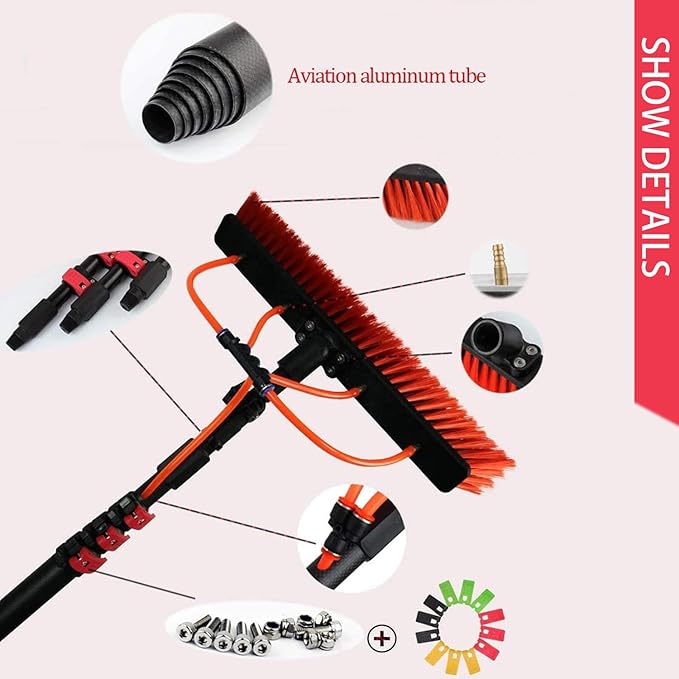 Water Fed Pole KitAluminum Outdoor Window Cleaner w/ 20m Hose Cleaning Tool for Window Glass Solar PanelAdjustable Window Cleaning Pole3.6m/12FT-30cm
