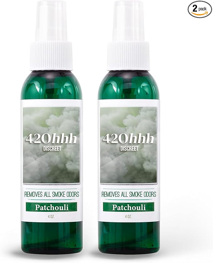 420hhh CannaEssence Multi-Purpose Odor Eliminating Spray: Essential Oil-Based Solution Removes All Smoke Odors in Home Car Office Clothing &amp Furniture- 4 oz Patchouli (Pack of 2)