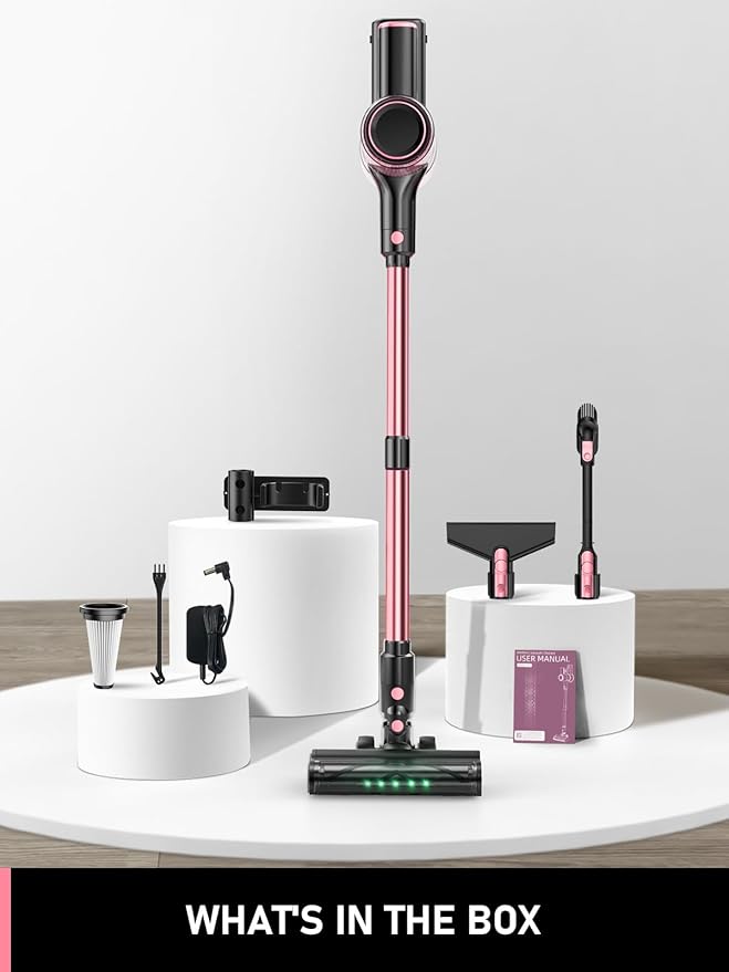 Cordless Vacuum Cleaner40Kpa 8 in 1 Powerful Stick Vacuum with Anti-Tangle Brush and Upgraded Green Light 45mins Runtime Rechargeable Lightweight Vacuums for Hardwood Floor Pet Hair (Pink)