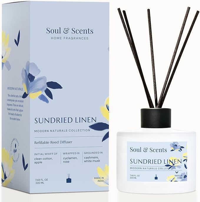 Soul &amp Scents Reed Diffuser Set – Sundried Linen | 7.43 oz Refillable Scented Oil with 6 Fiber Sticks | Long-Lasting Home Fragrance &amp Air Freshener for Bedroom Bathroom Office | Gift &amp D