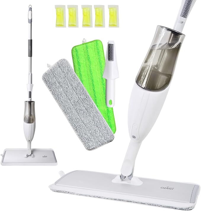 Don Aslett's Spray Mop Plus+ for Floor Cleaning| 360° Rotatable Head | Reusable Microfiber Pad | Rubber Scraper | Refillable | Cleaning Pods | All Floor Types Including Laminate Hardwood Tile