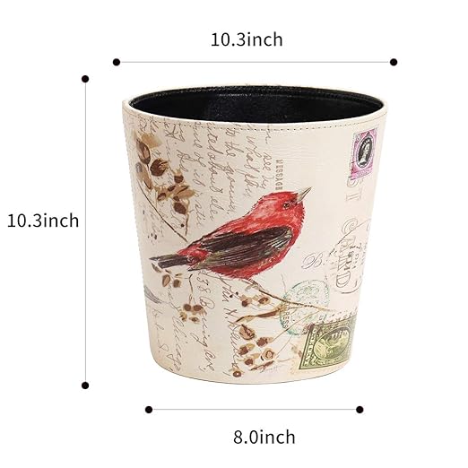 PU Leather Small Trash Can Wastebasket Round Garbage Container Basket for Bathrooms Laundry Room Kitchens Offices Kids Rooms BedroomsDormsHome Decorative Art Bin 2.9 Gallon(Bird Design)