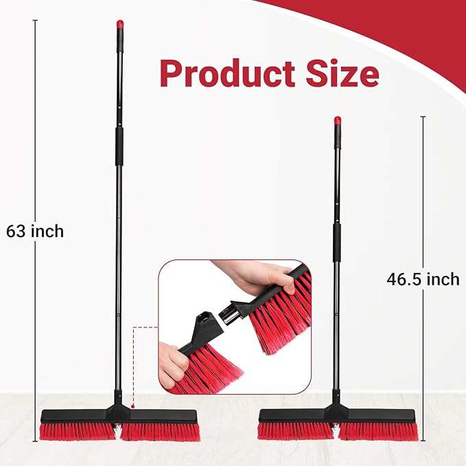 2PK 24 Push Broom Outdoor with 63 Long Handle and Stiff Bristles Heavy Duty Outdoor Broom Brush for Workshop Garage Concrete Patio and Deck Floor Sweeping