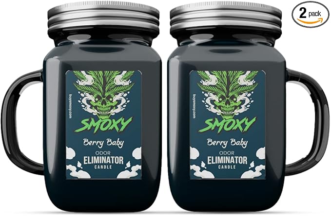 Smoxy Smoke Odor Eliminator Candle - Scented Candle for Home - Indoor Space Deodorizer &amp Air Freshener with Fragrance Pet Smell - Natural Palm Wax - Glass Mason Jar 13oz (Berry Baby - 2Pack)