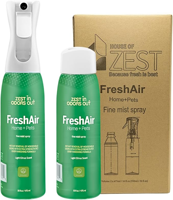 House of Zest FreshAir Home&ampPets – Eliminate household odorsfrom trashlaundrybathroom/diaper stinkand pet funk.Chemical Freemade with plant-based ingredients with light citrus scent.2pk 32fl