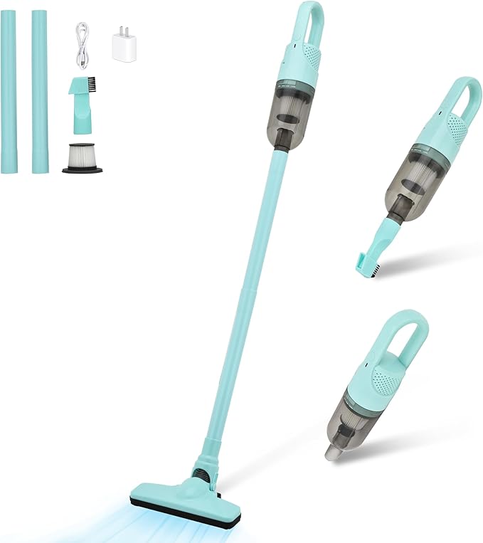 6-in-1 Lightweight Stick Vacuum Cleaner with 100W Powerful Motor Mini Portable Household Handheld Vacuum Cleaner for Domestic Hard Floors Carpets and Pet Hair(Green Cordless with Plug)