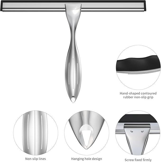 Shower Squeegee Set 10-Inch Stainless Steel Squeegee for Bathroom Shower Doors Mirrors Tiles and Car Windows - 100% Streak Free Includes Shower Door Hook Adhesive Hook and Spare Silicone Blade
