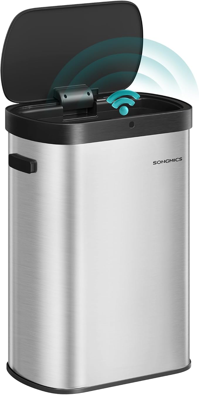 SONGMICS Motion Sensor Trash Can 13-Gallon (50 L) Automatic Garbage Can with Soft Close Lid Stainless Steel Wave or Touch to Open Includes 15 Bags Metallic Silver and Ink Black ULTB640E01