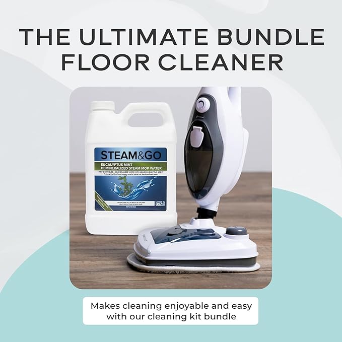 Steam &amp Go - The Housekeeper Steam Cleaner For Floors &amp Demineralized Water Bundle 10-in-1 Hard Floor Cleaner Machine &amp Grout Steam Cleaner with Floor Cleaning Solution 32 oz Eucalyptus