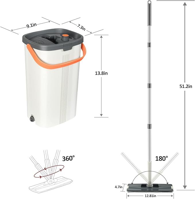 Jelymark Flat Mop and Bucket with Wringer Set Separates Dirty and Clean Water 3-Chamber Mop Wet and Dry Use Not-Hands Squeeze Mops for Floor Cleaning 8 Reusable Microfiber Mop Pads Included