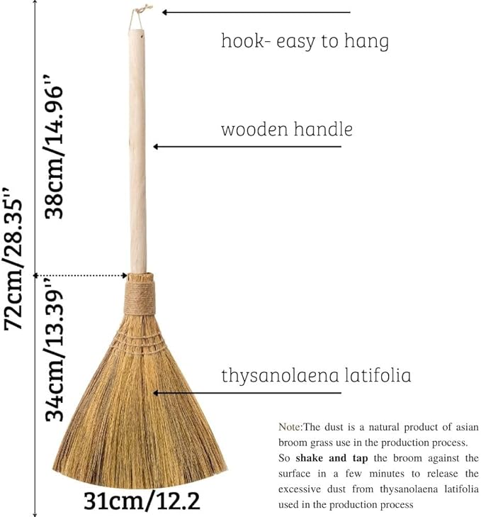 Natural Whisk Sweeping Hand Handle Broom - Brooms for Wedding Jumping Ceremony Halloween DIY Decoration - Vietnamese Straw Soft Broom - 12.2 Width 28.35 Length