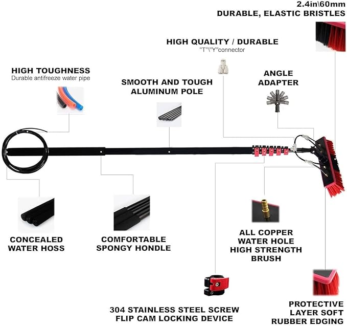Water Fed Pole Kit Adjustable Window Cleaning Pole 180° Rotatable Brush Head Telescopic Cleaning Brush for Outdoor Window Glass Solar Panel10.8m/35.4ft