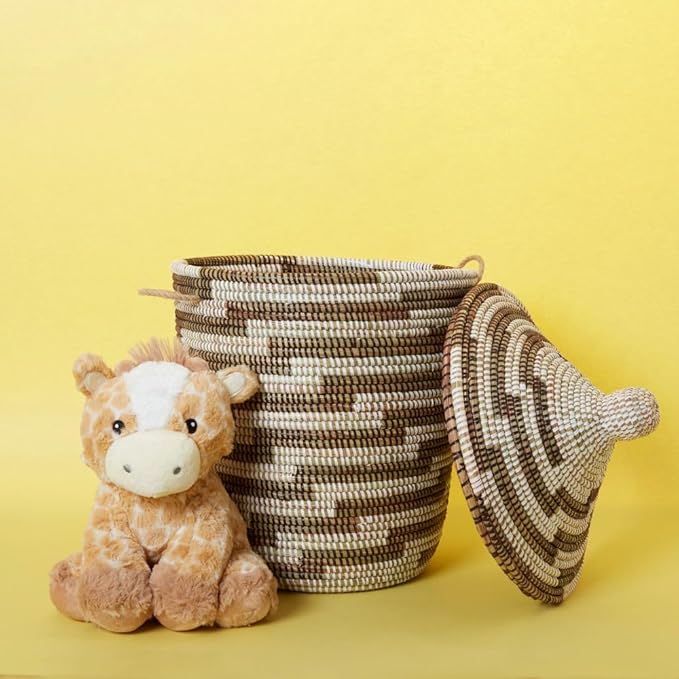 Hamper with Lid Handwoven African Basket 12 Inch Wide 14 Inch Tall Rainbow Colors