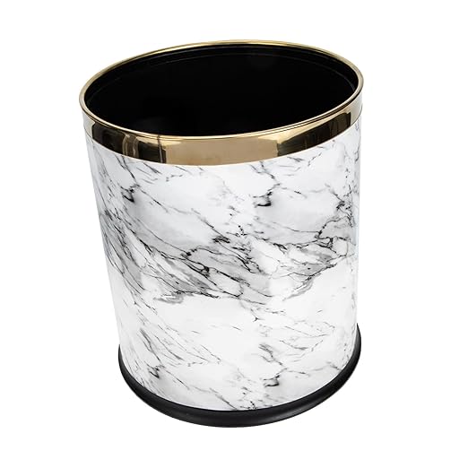 Marbling Wastebasket Plastic Trash Bin Round Lidless Non Slip Base for Bathroom Kitchen Bedroom Office Home Use