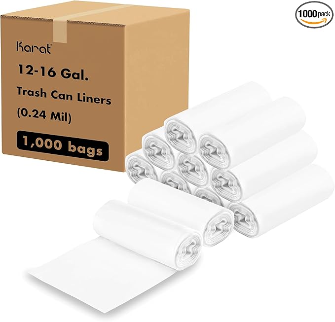 Karat Trash Bags [12-16 Gal - 1000 pc] | 6 Microns | Clear High Density Garbage Can Liners | 24 x 33
