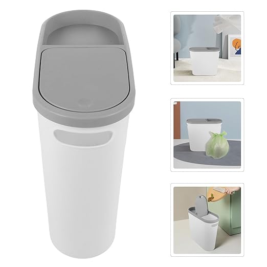 Plastic Trash Can with Press Lid Narrow Household Garbage Bin for Kitchen and Bathroom White-Grey Covered Wastebasket for Small Spaces