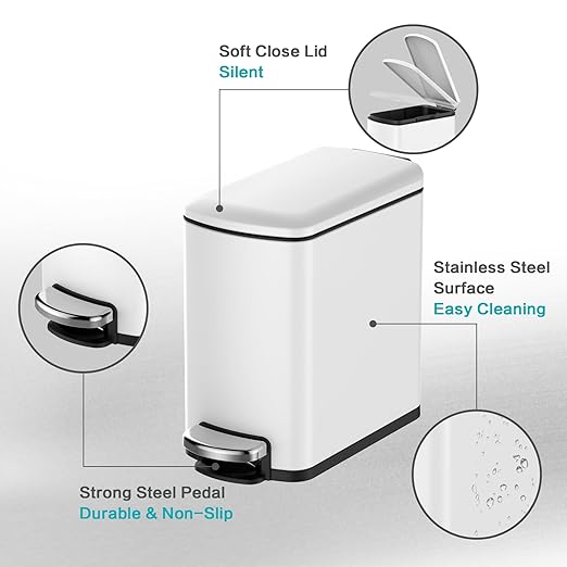 1.6 Gallon Stainless Steel Trash Can with Anti-Fingerprint Finish – 6L Waste Bins with Removable Inner Bucket– Sleek Durable Design for Bathroom BedroomOffice (White)