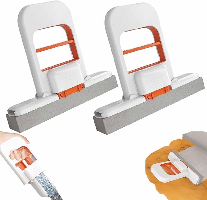 Mini Foldable Desktop MopSelf-Squeeze Portable Sponge MopWet and Dry Use Cleaning SystemOne-Hand Squeeze Handle Cleaning ToolNo-wash Small Mops for Bathroom Kitchens Desktop Glass (2pcs)