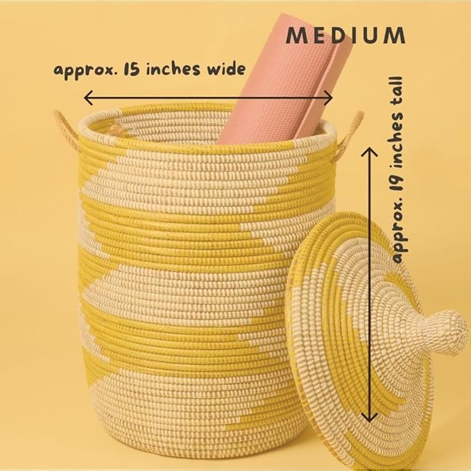 Yellow White Decorative Wicker Basket Set 3pcs - Organize Bedroom Living Room Nursery - Laundry Hamper Toy Bin Blanket Storage - Decorative Boho Style - Wicker Woven Lid Handles