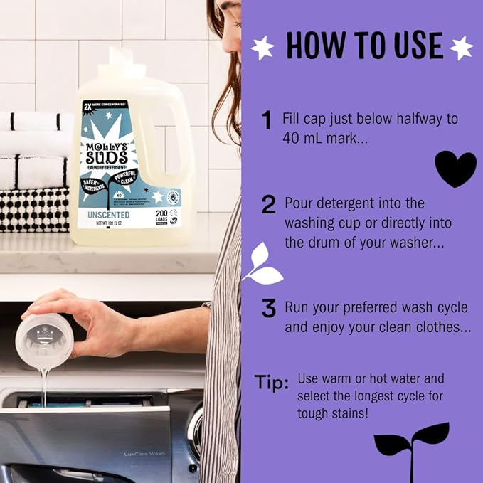 Molly's Suds Liquid Laundry Detergent | Clean Laundry Detergent Soap for Sensitive Skin | 2x Concentrated High Efficiency (HE) | Lavender - 100 Loads
