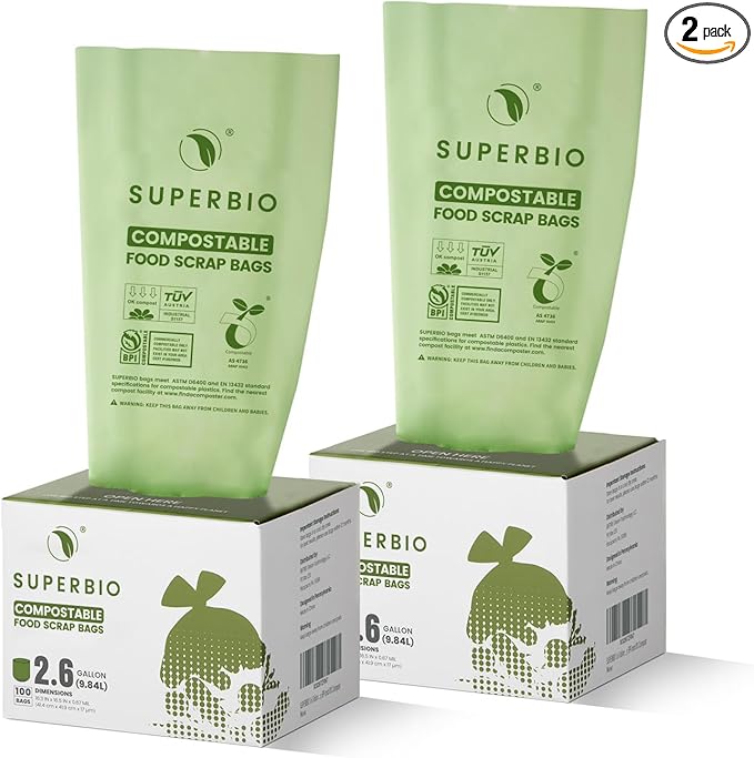 SUPERBIO 2.6 Gallon Flat Top Compostable Food Waste Bags 100 Count 2 Pack9.84L Food Scrap Bags BPI Certified and OK compost INDUSTRIAL