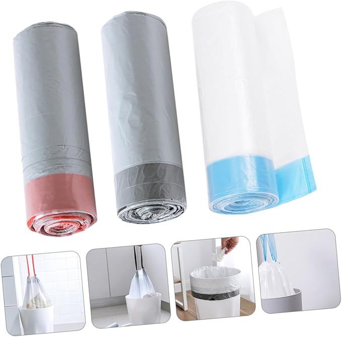 Drawstring Trash Bags 90pcs Disposable Portable Garbage Bags with Handles Gray and White Random Color for Kitchen and Outdoor Use