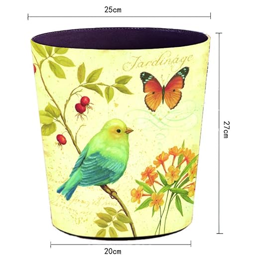 10L/2.64 Gallon Trash Can Decorative Waste Basket PU Leather Waste Paper Basket Waterproof Garbage Can for Bathroom Bedroom Office Kitchen and Living Room - Green Bird