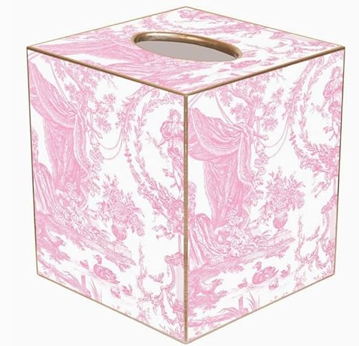 Metr Marye-Kelley Pink Toile Wooden Wastepaper Basket 12 Tall Gold Trim Scalloped Top