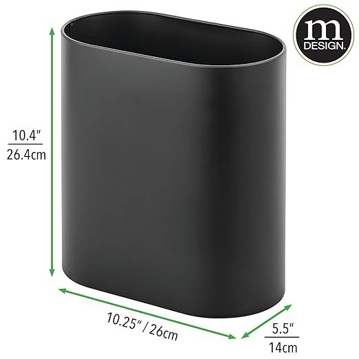 mDesign Slim Pill-Shaped Metal 1.98 Gallon/7 Liter Recycle Trash Can Wastebasket Garbage Container Bin - Bathroom Kitchen Bedroom Office - Durable Stainless Steel Mirri Collection Black