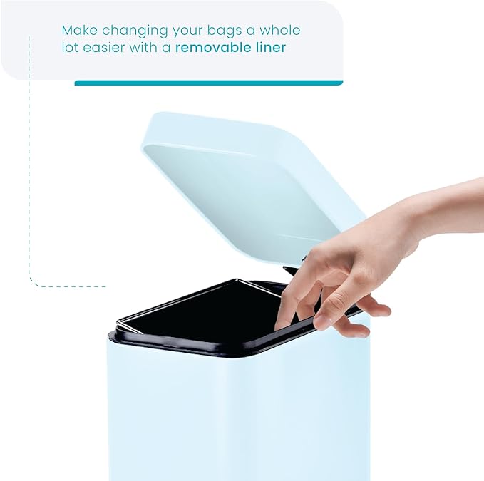 Home Zone Living 1.3 Gallon Small Bathroom Trash Can with Lid and Step Pedal Stainless Steel Wastebasket with Slim Design for Home and Office Matte Powder Blue 5 Liters