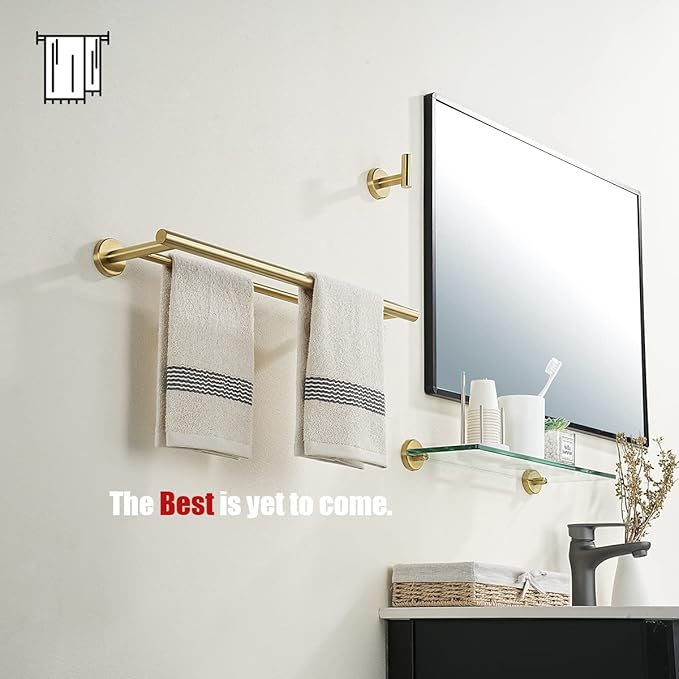 JQK Gold Double Towel Bar 19 Inch 304 Stainless Steel Thicken 0.8mm Towel Rack Bathroom Towel Holder Brushed Gold Wall Mount Useable Length 16 Inch TB100L16-BG
