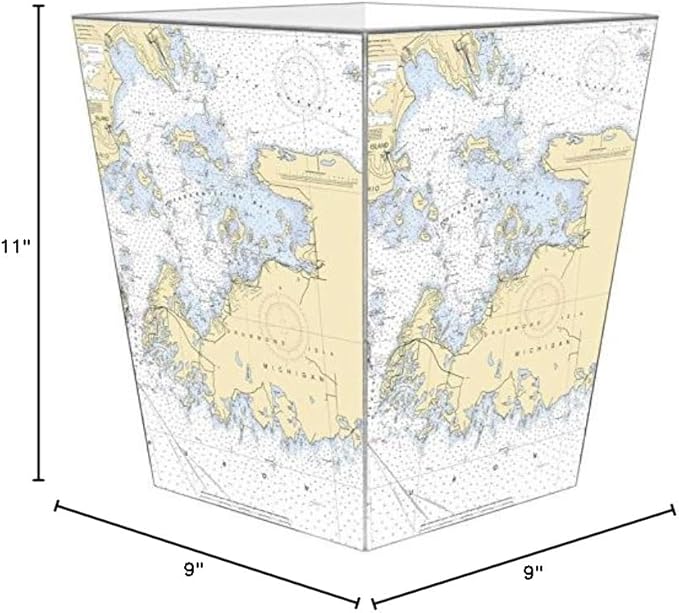Marye-Kelley-Drummond Island Nautical Chart Wastepaper Basket Decoupage Wood Decorative Wastebasket for Kitchen Bathroom Bedroom Living Room Handmade Made in The USA