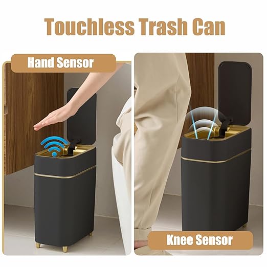 Yatmung 2-Pack - Automatic Trash Cans Touchless Motion Sensor Bathroom Trash Can - Waste Basket for Bedroom Home Offices Small Spaces - Compact Smart Garbage Can with Lid - Black with Gold Edge