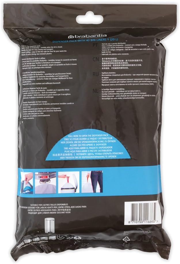Brabantia IdealFit Bin Liners (Size Y/20 Litre) Ideal Quality Thick Plastic Trash Bags with Tie Tape Drawstring Handles (40 Bags)
