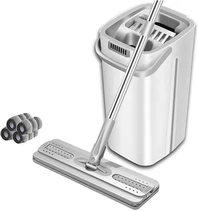 360° Rotating Floor Cleaning Mop with Bucket No Hand Washing Flat Squeeze Stain Removing Household Tool(White with 4 Cloth)