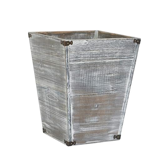 VERGOODR Gray Farmhouse Style Torched Wood Square Waste Bin with Decorative Metal Brackets Trash Can for BedroomLiving Room Bathroom &amp Office