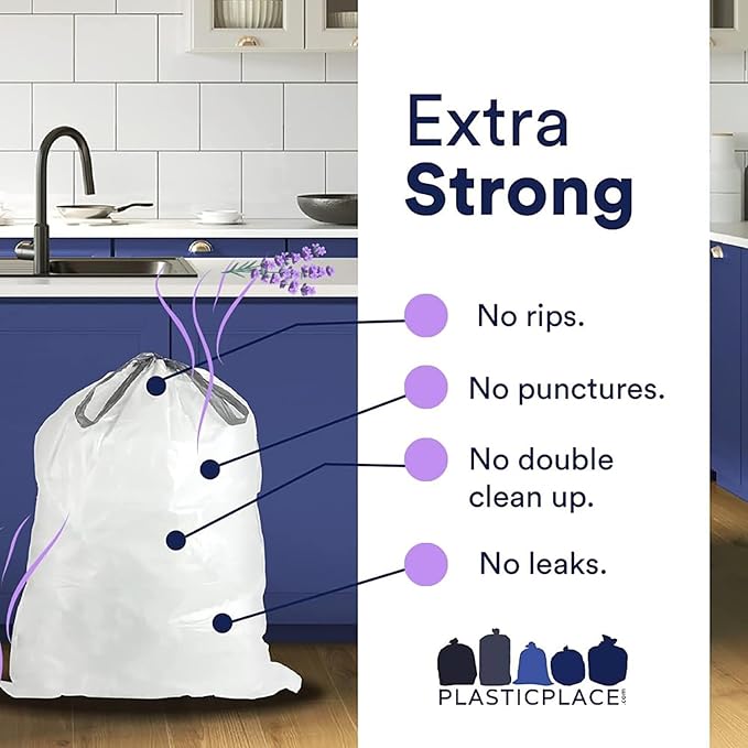 Plasticplace White Drawstring Lavender and Soft Vanilla Scented Garbage Can Liners Compatible with Code H (200 Count) 8-9 Gallon / 30-35 Liter 18.5 x 28