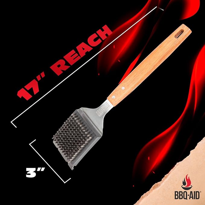 BBQ-Aid Grill Brush and Scraper for Barbecue – Grill Brush for Outdoor Grill with Extended Large Wooden Handle and Replaceable Stainless Steel Bristles Head –No Scratch- BBQ Grill Brush for Any Grill