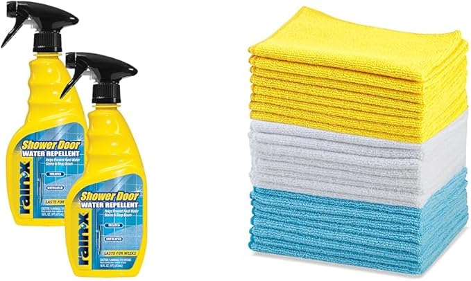 Rain-X 630542 Water Repellent 16 Fl. Oz. (Pack of 2) with Amazon Basics Microfiber Cleaning Cloths 16 x 12 (24-Pack) - Glass Shower Door Protection Bundle