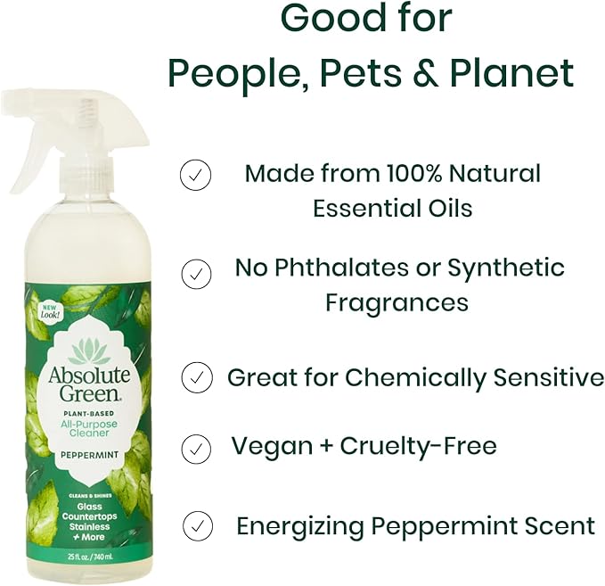 Absolute Green All Purpose Cleaner Spray Non-Toxic Kitchen Bath Countertop Stainless Safe around Kids + Pets Natural Peppermint Scent 25 oz (6 Pack)