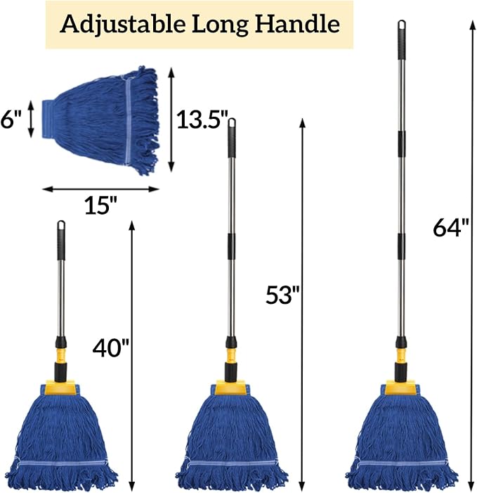 Commercial Mop Heavy Duty Looped End String Wet Mop with 64'' Long Handle Industrial Cotton Dust Mop with Extra Replacement Heads for Home Office Garage Warehouse Floor Cleaning